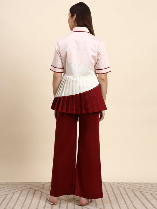 Ariya Threads Elegant Pleated Co-ord Set (Blush & Wine)