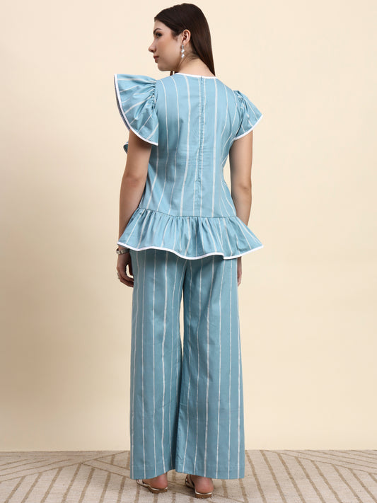 Ariya Threads Striped Ruffle Co-ord Set (Powder Blue)
