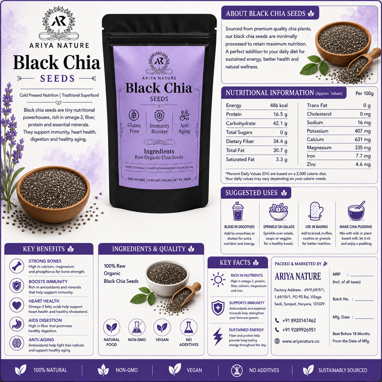Ariya Nature Black Chia Seeds 100g | Premium Natural Non-GMO Chia Seeds