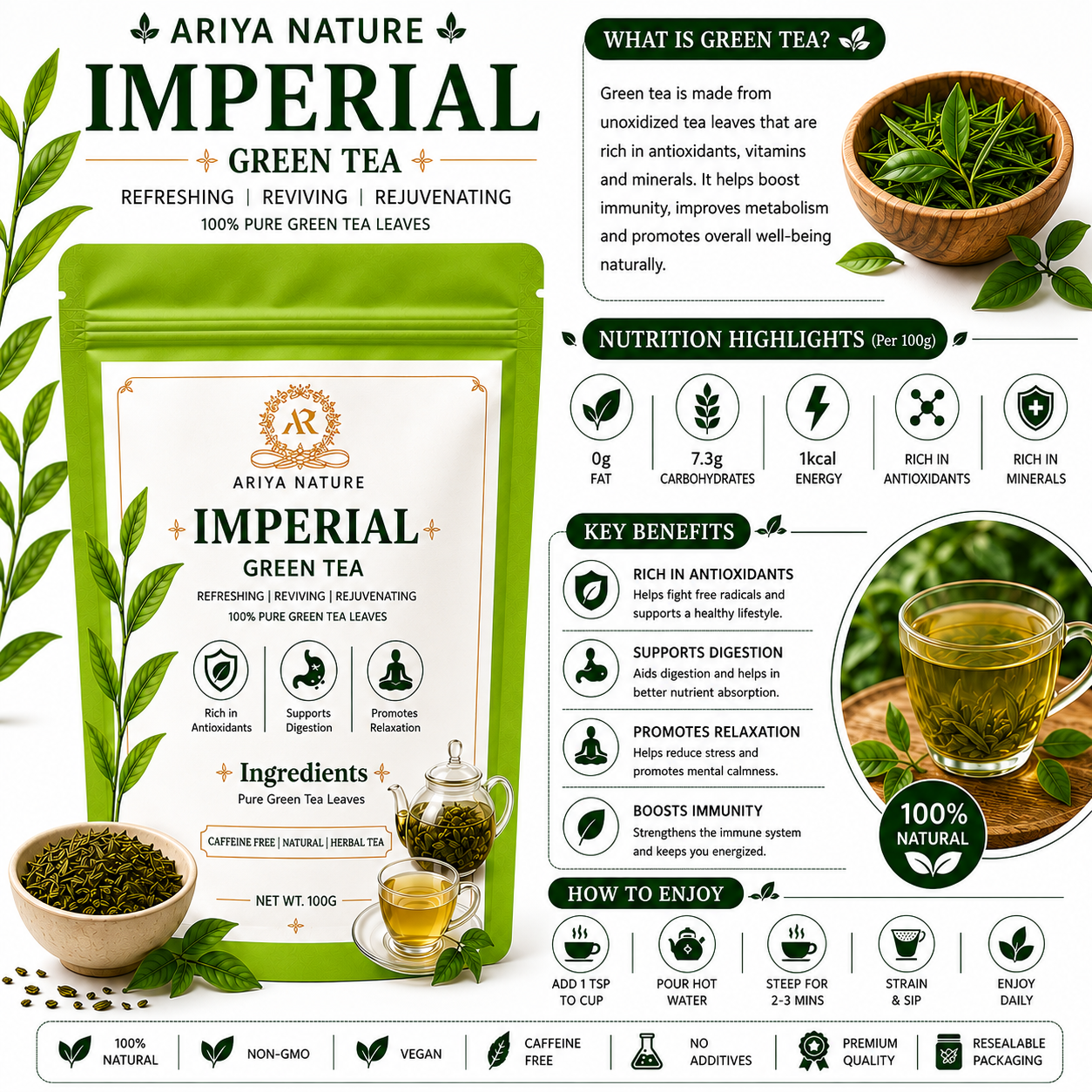 Ariya Nature Imperial Green Tea 100g| Pure Green Tea Leaves, Natural & Vegan