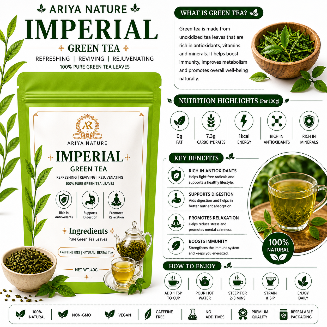 Ariya Nature Imperial Green Tea 40g | Pure Green Tea Leaves, Natural & Vegan