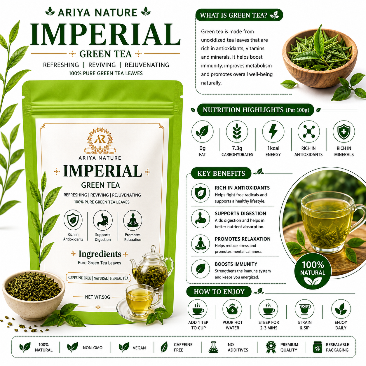 Ariya Nature Imperial Green Tea 50 Gram| Pure Green Tea Leaves, Natural & Vegan
