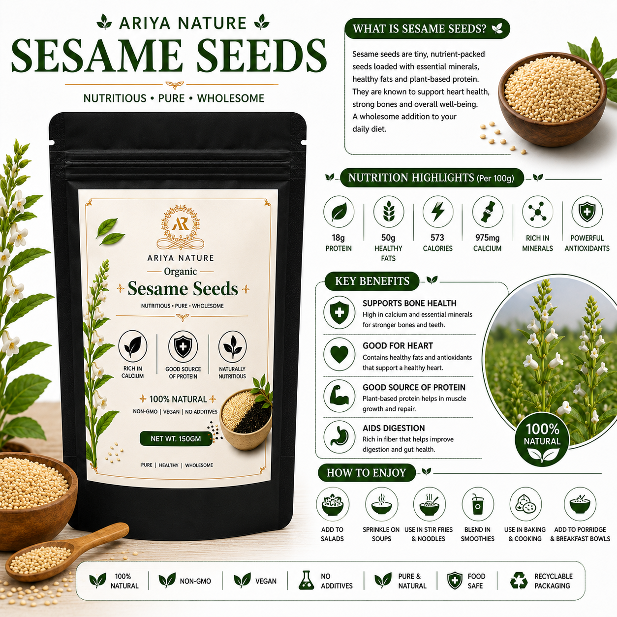 Ariya Nature Raw Sesame Seeds 150g| Premium Natural Non-GMO Sesame Seeds