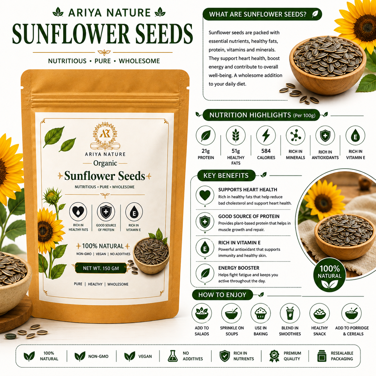 Ariya Nature Organic Sunflower Seeds 150g | Natural, Vegan & Non-GMO Snack