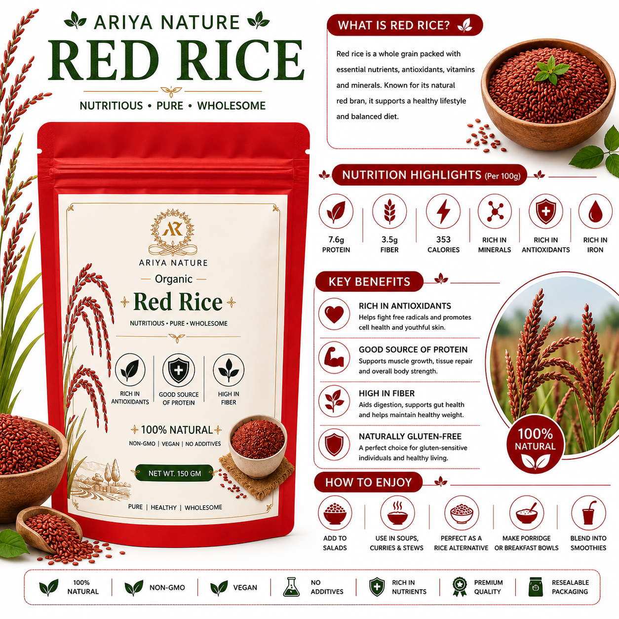 Ariya Nature Organic Red Rice 150g | High Fiber, Vegan & Antioxidant Rich