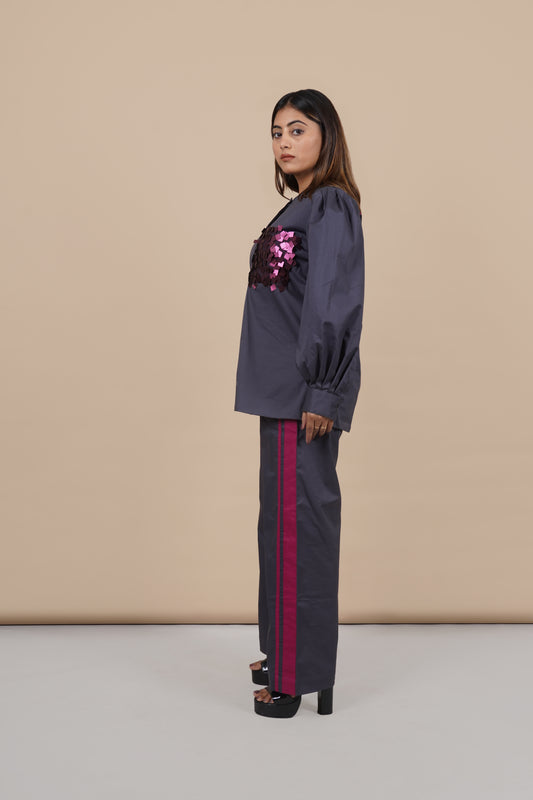 Ariya Threads Women’s Charcoal Grey Co-Ord Set with Magenta Sequin Pocket & Contrast Stripe Pants