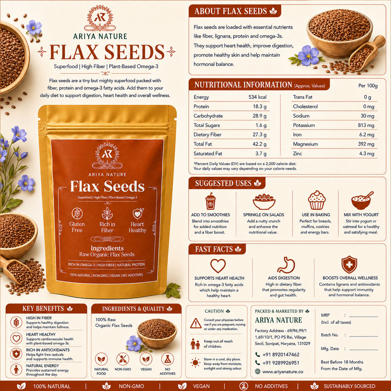 Ariya Nature Flax Seeds 150 Gram| Premium Natural Non-GMO Raw Flax Seeds