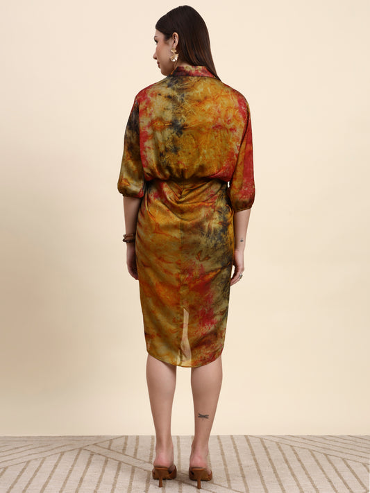 Ariya Threads Women’s Multicolour Tie-Dye Belted Shirt Dress with Balloon Sleeves