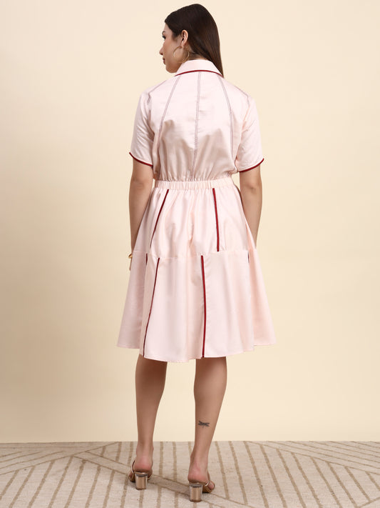 Ariya Threads Women’s Blush Pink Contrast-Piping Belted A-Line Shirt Dress