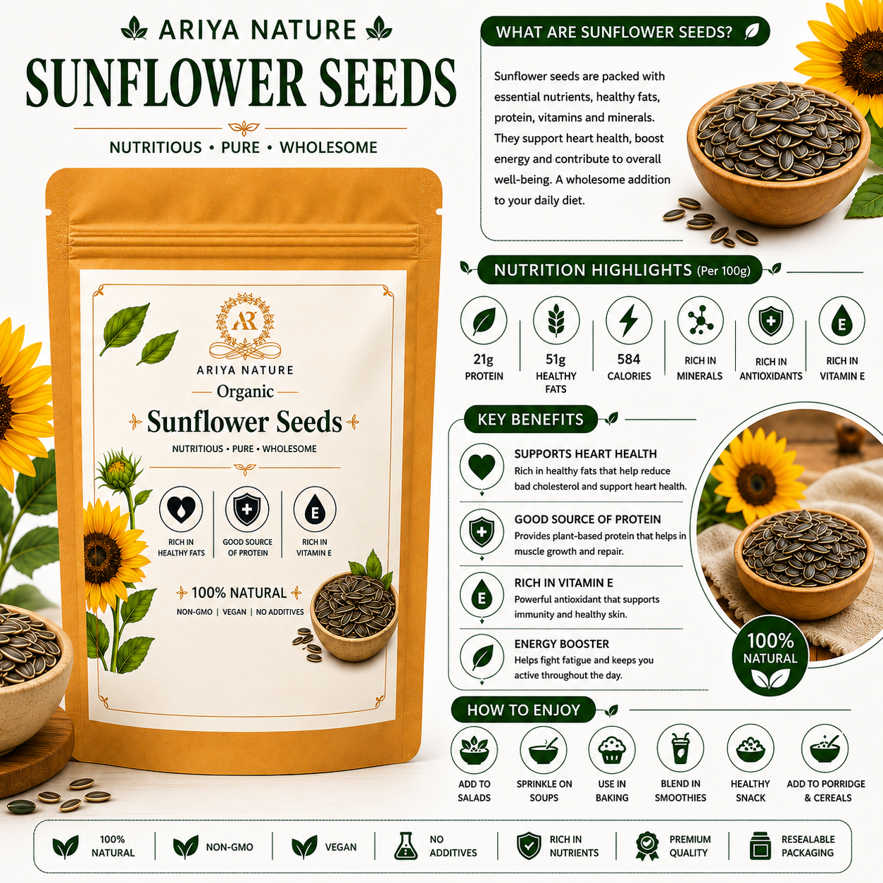 Ariya Nature Organic Sunflower Seeds 200 Gram| Natural, Vegan & Non-GMO Snack