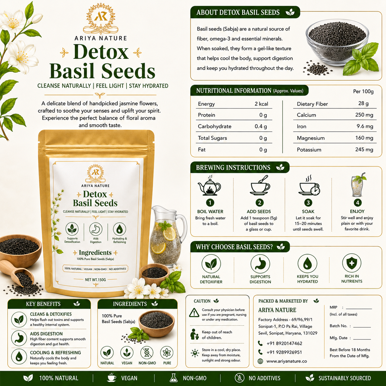 Ariya Nature Basil Seeds (Sabja) 150g | Premium Natural Sweet Basil Seeds