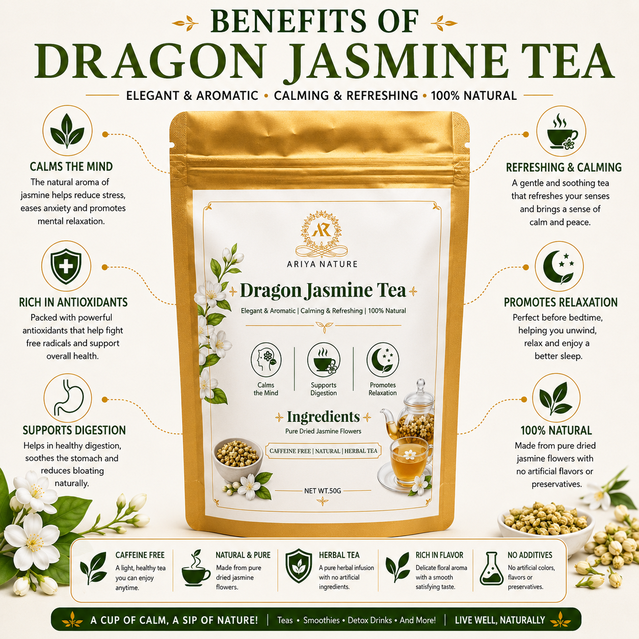 Ariya Nature Dragon Jasmine Tea 50g | Premium Natural Jasmine Flower Tea