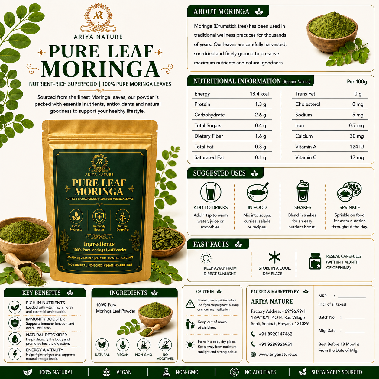 Ariya Nature Moringa Leaf Powder 200 Gram| Premium Natural Moringa Powder