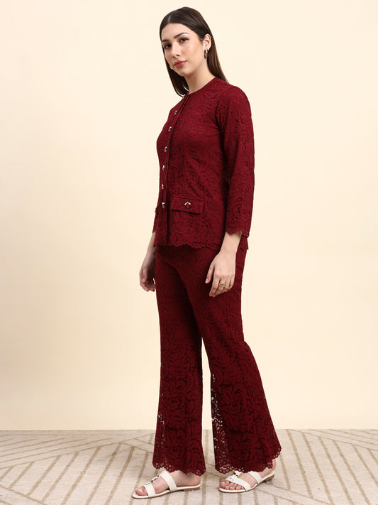 Ariya Threads Lace Shirt Co-ord Set (Wine Red)
