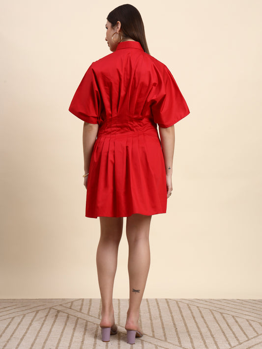 Ariya Threads Scarlet Pleated Shirt Dress (Cherry Red)