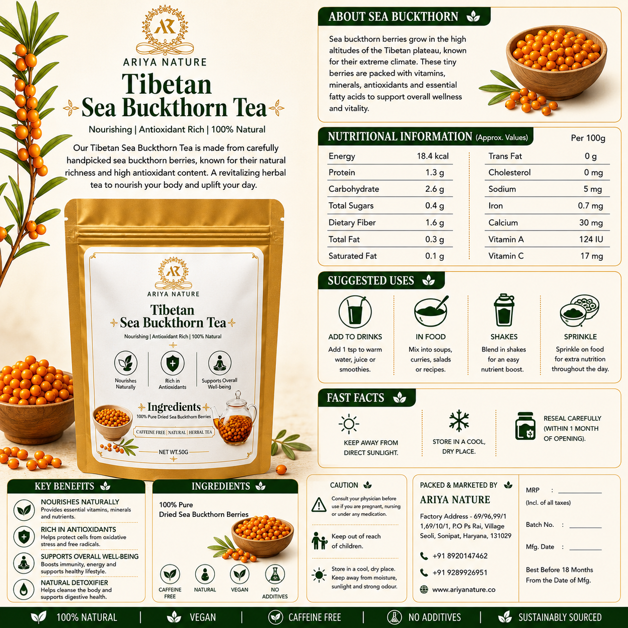 Ariya Nature Tibetan Sea Buckthorn Tea 50g | Premium Natural Herbal Tea