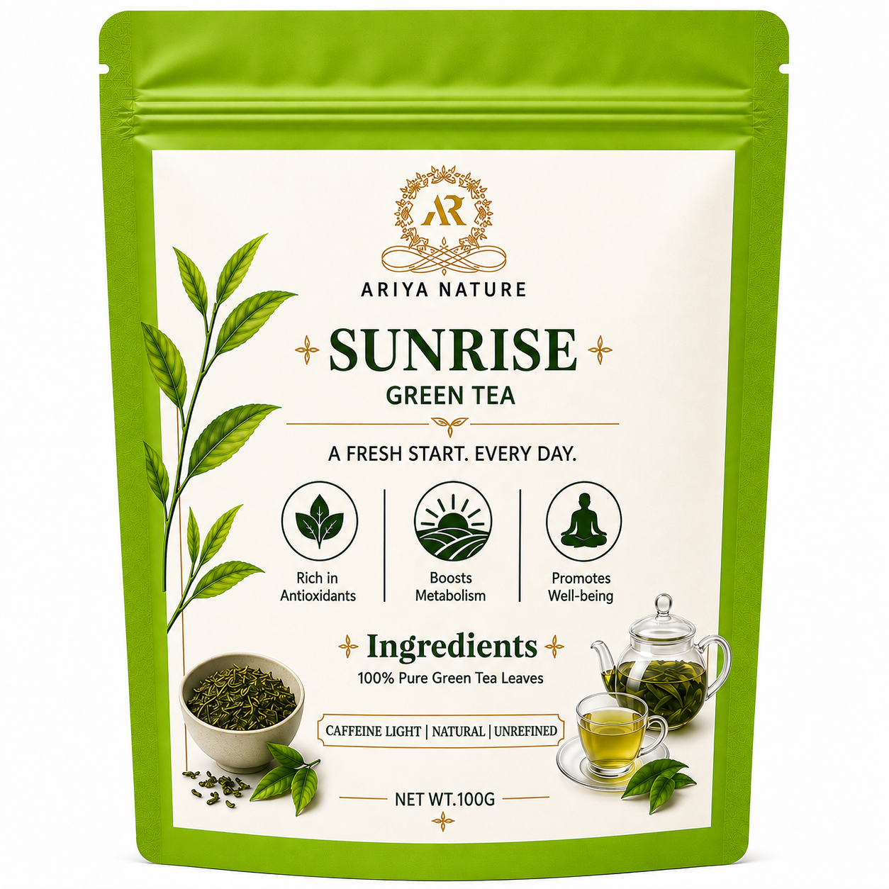Ariya Nature Sunrise Green Tea 100 Gram | Pure Green Tea Leaves, Natural & Vegan
