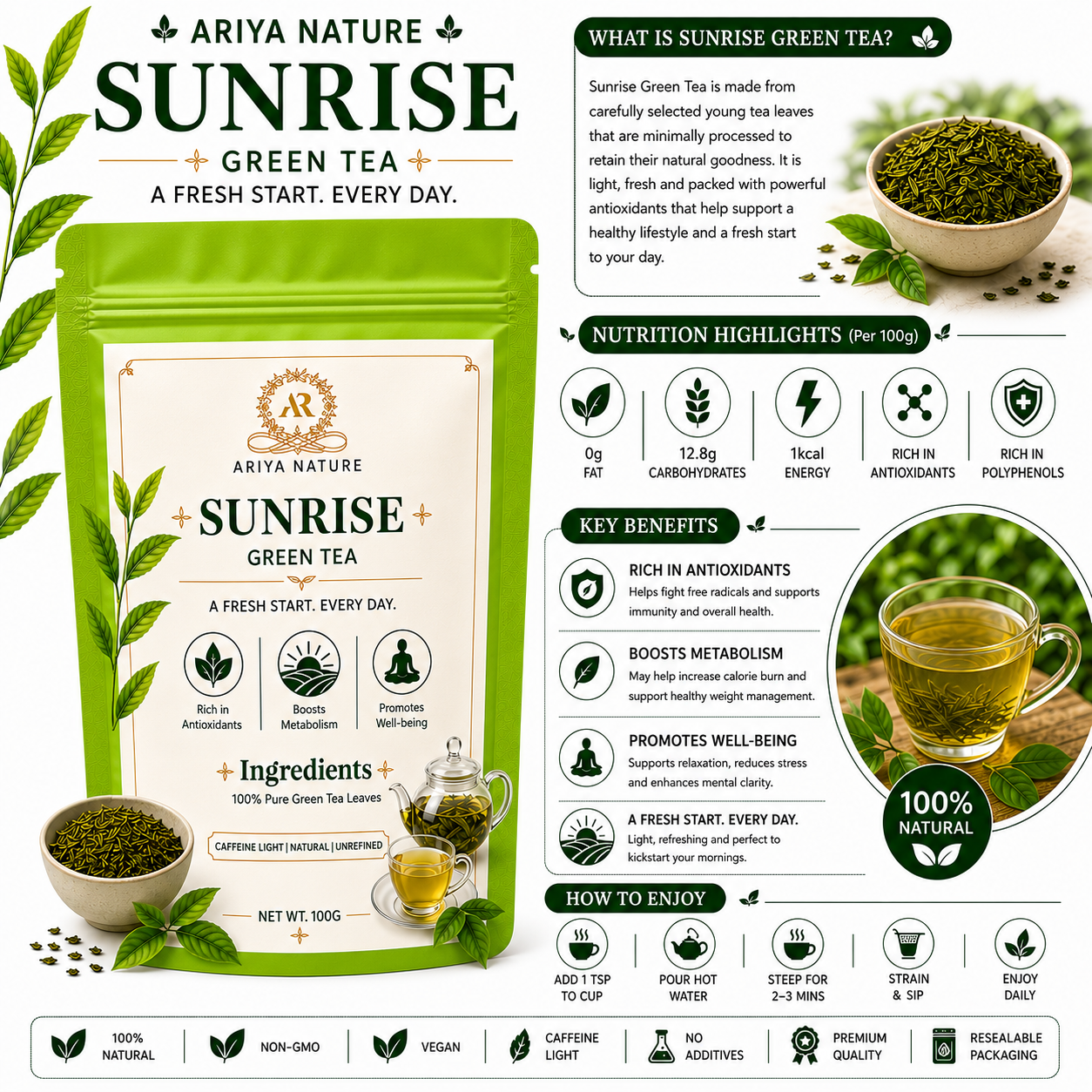 Ariya Nature Sunrise Green Tea 100 Gram | Pure Green Tea Leaves, Natural & Vegan
