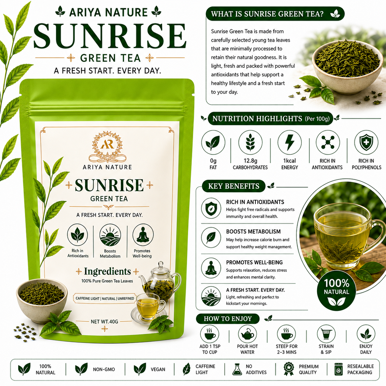 Ariya Nature Sunrise Green Tea 40 Gram | Pure Green Tea Leaves, Natural & Vegan