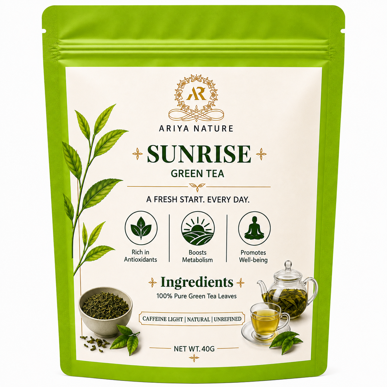 Ariya Nature Sunrise Green Tea 40 Gram | Pure Green Tea Leaves, Natural & Vegan