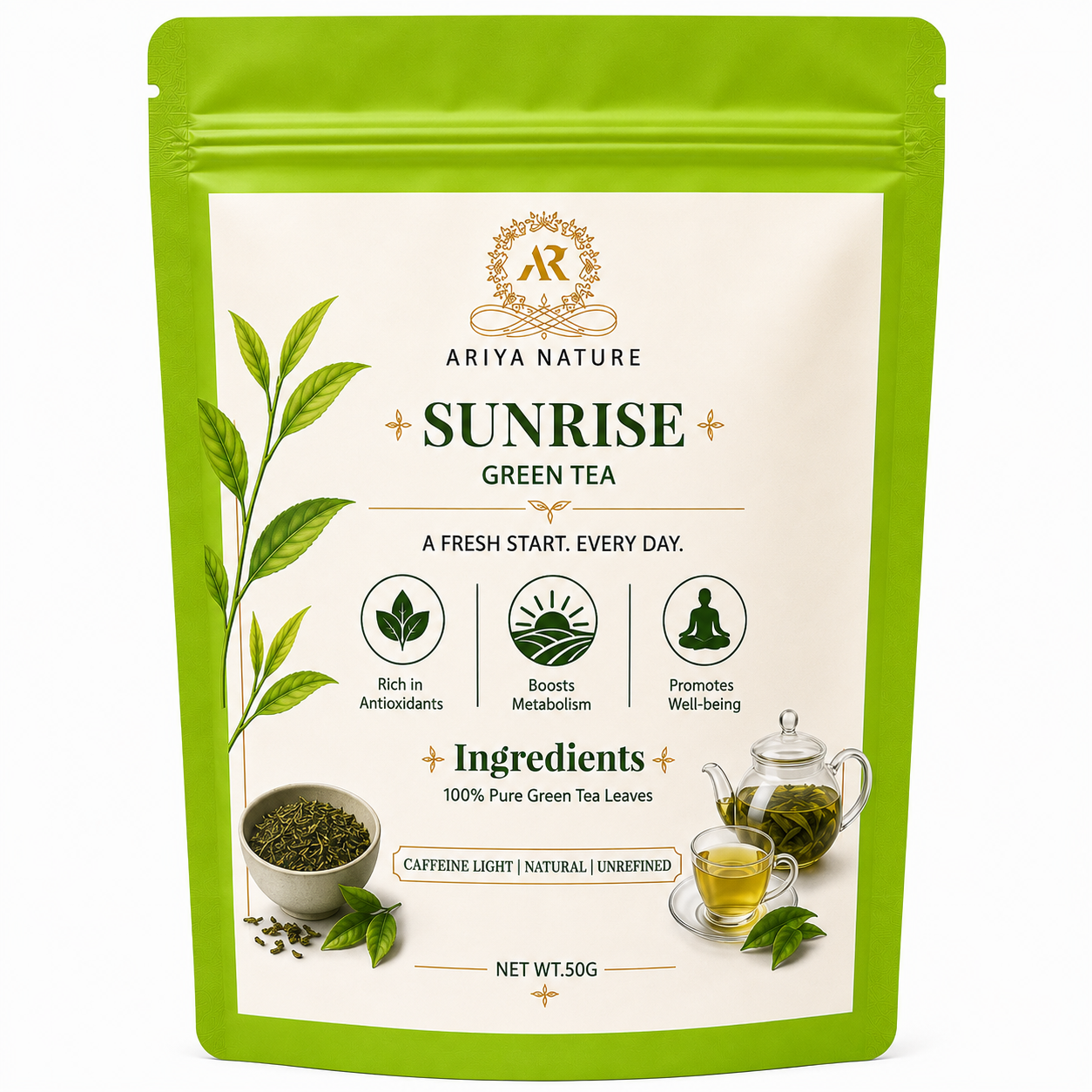 Ariya Nature Sunrise Green Tea 50 Gram | Pure Green Tea Leaves, Natural & Vegan