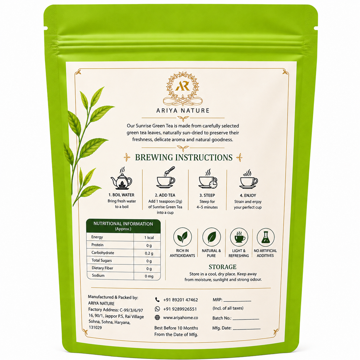 Ariya Nature Sunrise Green Tea 50 Gram | Pure Green Tea Leaves, Natural & Vegan
