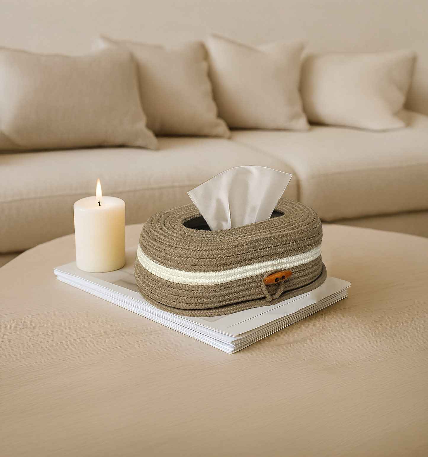 Ariya Cotton Tissue Box Holder – Oval Beige Wooden Button
