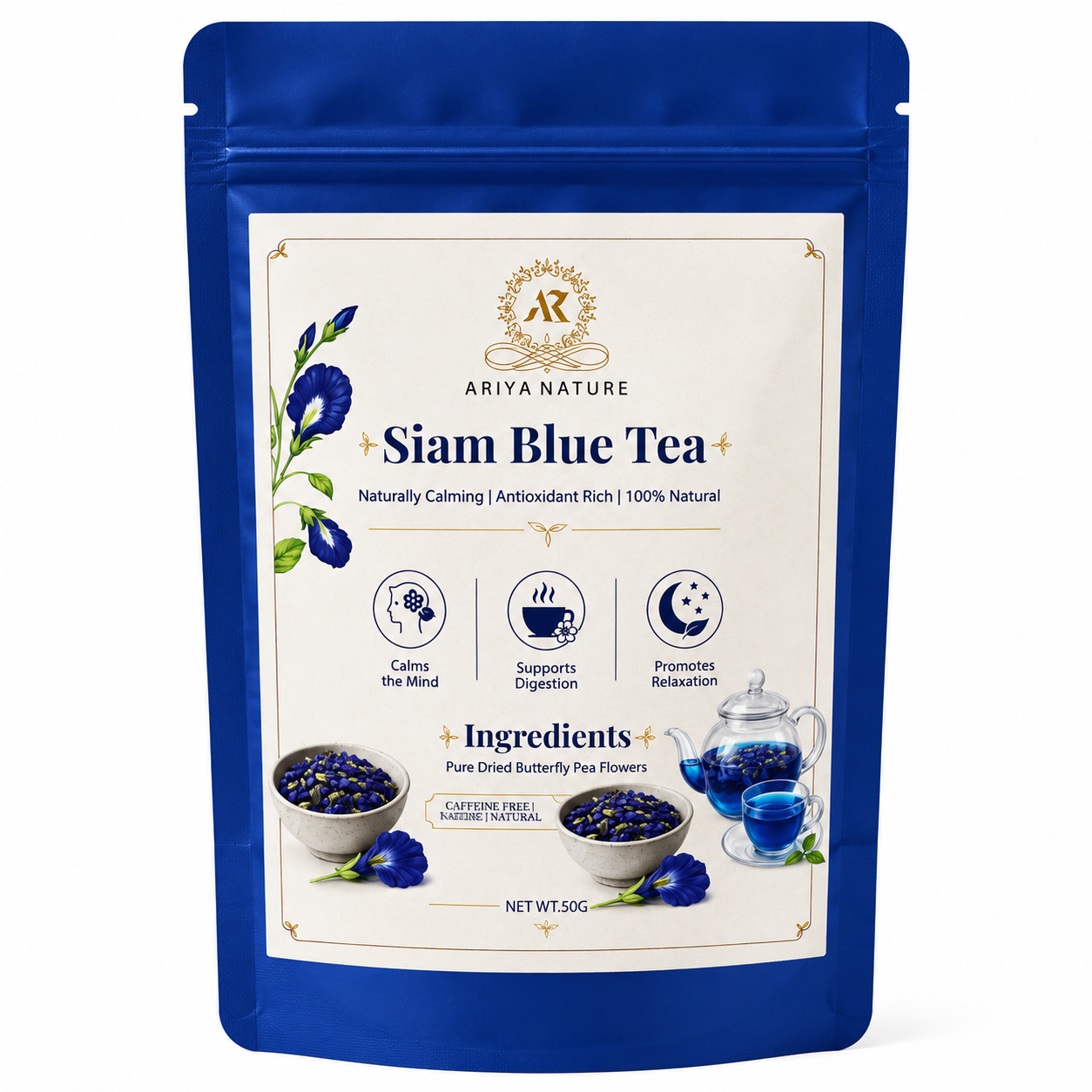 Ariya Nature Siam Blue Tea 50g | Premium Butterfly Pea Flower Herbal Tea