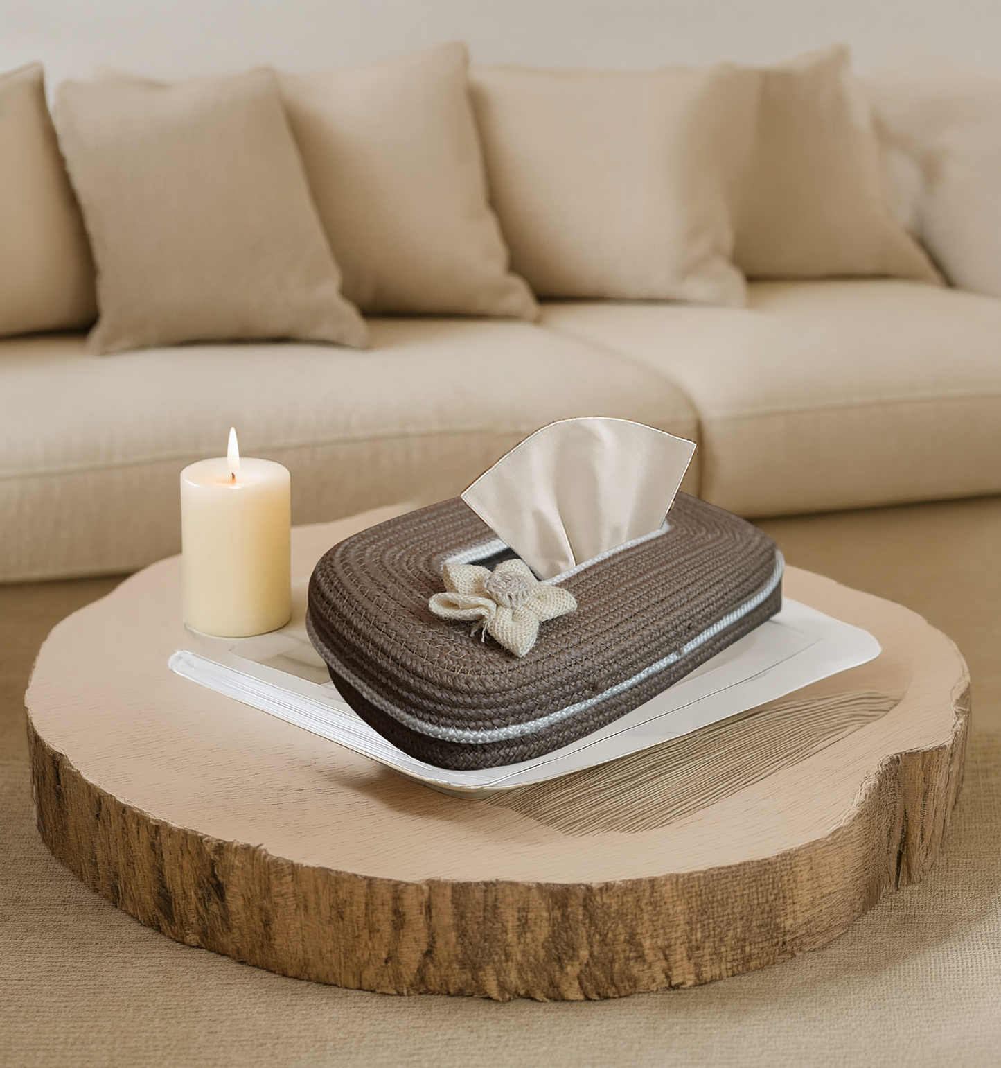 Ariya Cotton Tissue Box Holder – Oval Beige - White Line