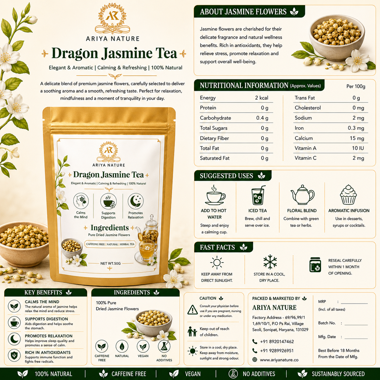 Ariya Nature Dragon Jasmine Tea 50g | Premium Natural Jasmine Flower Tea