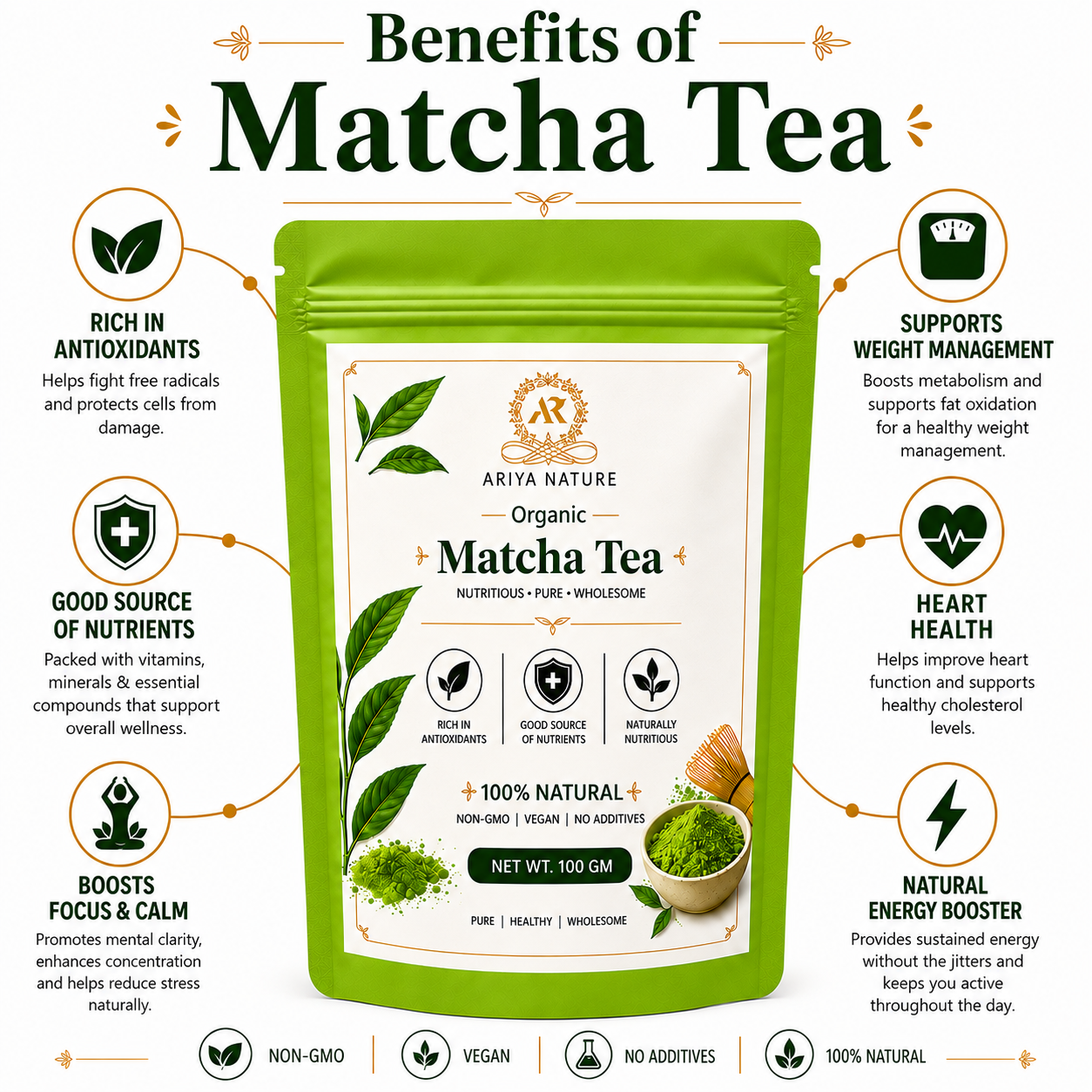 Ariya Nature Organic Matcha Tea Powder 100g| Premium Green Tea, Vegan & Natural