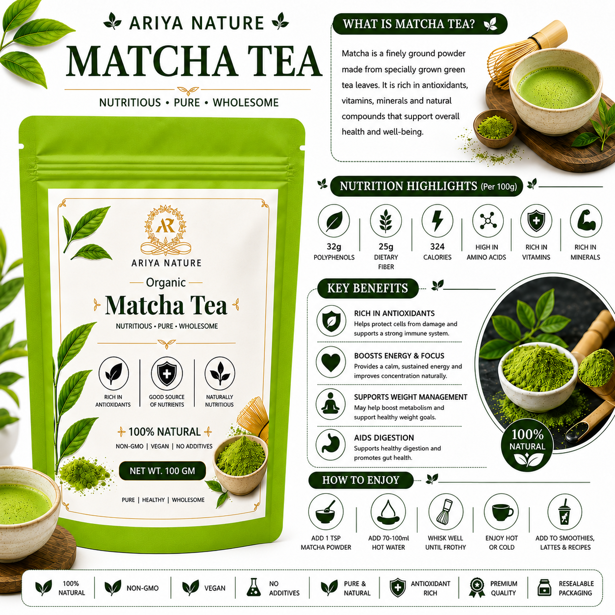 Ariya Nature Organic Matcha Tea Powder 100g| Premium Green Tea, Vegan & Natural
