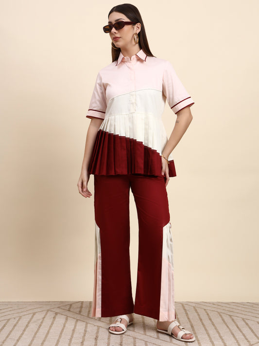 Ariya Threads Elegant Pleated Co-ord Set (Blush & Wine)