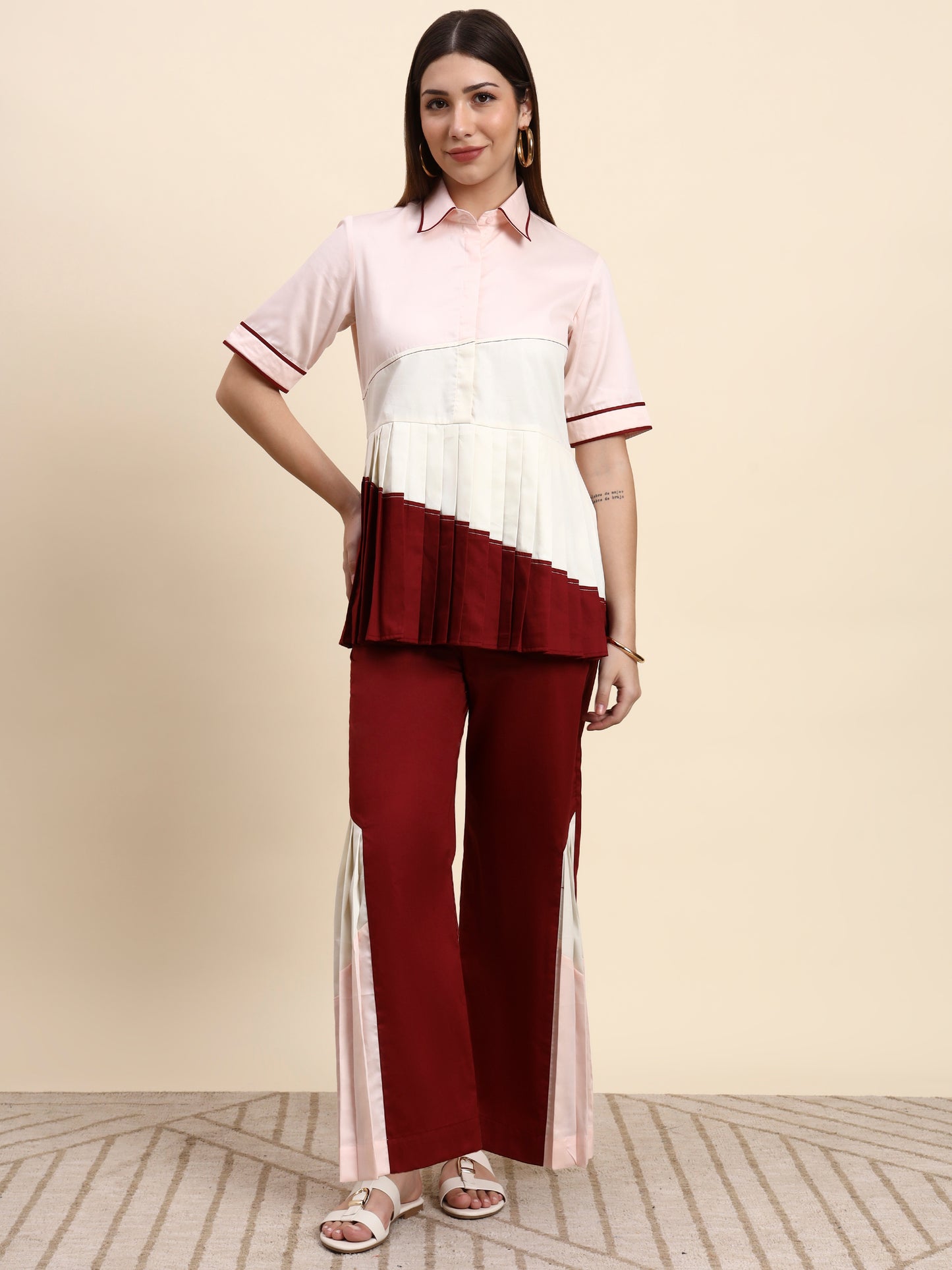 Ariya Threads Elegant Pleated Co-ord Set (Blush & Wine)