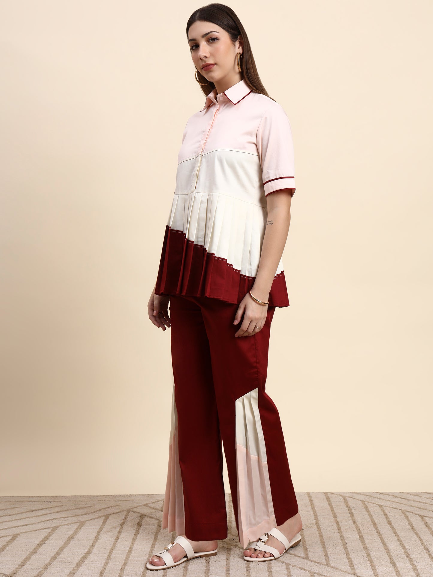 Ariya Threads Elegant Pleated Co-ord Set (Blush & Wine)
