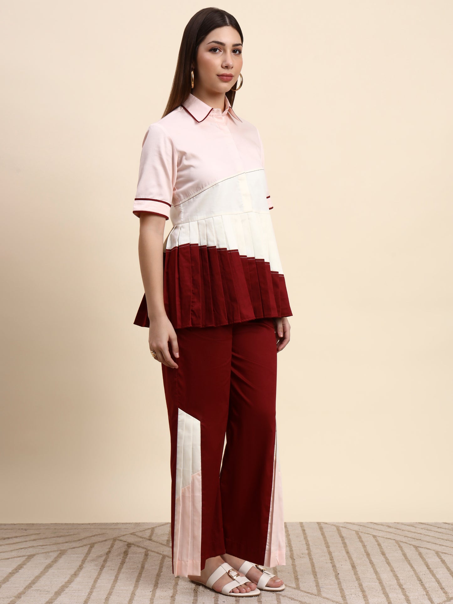 Ariya Threads Elegant Pleated Co-ord Set (Blush & Wine)
