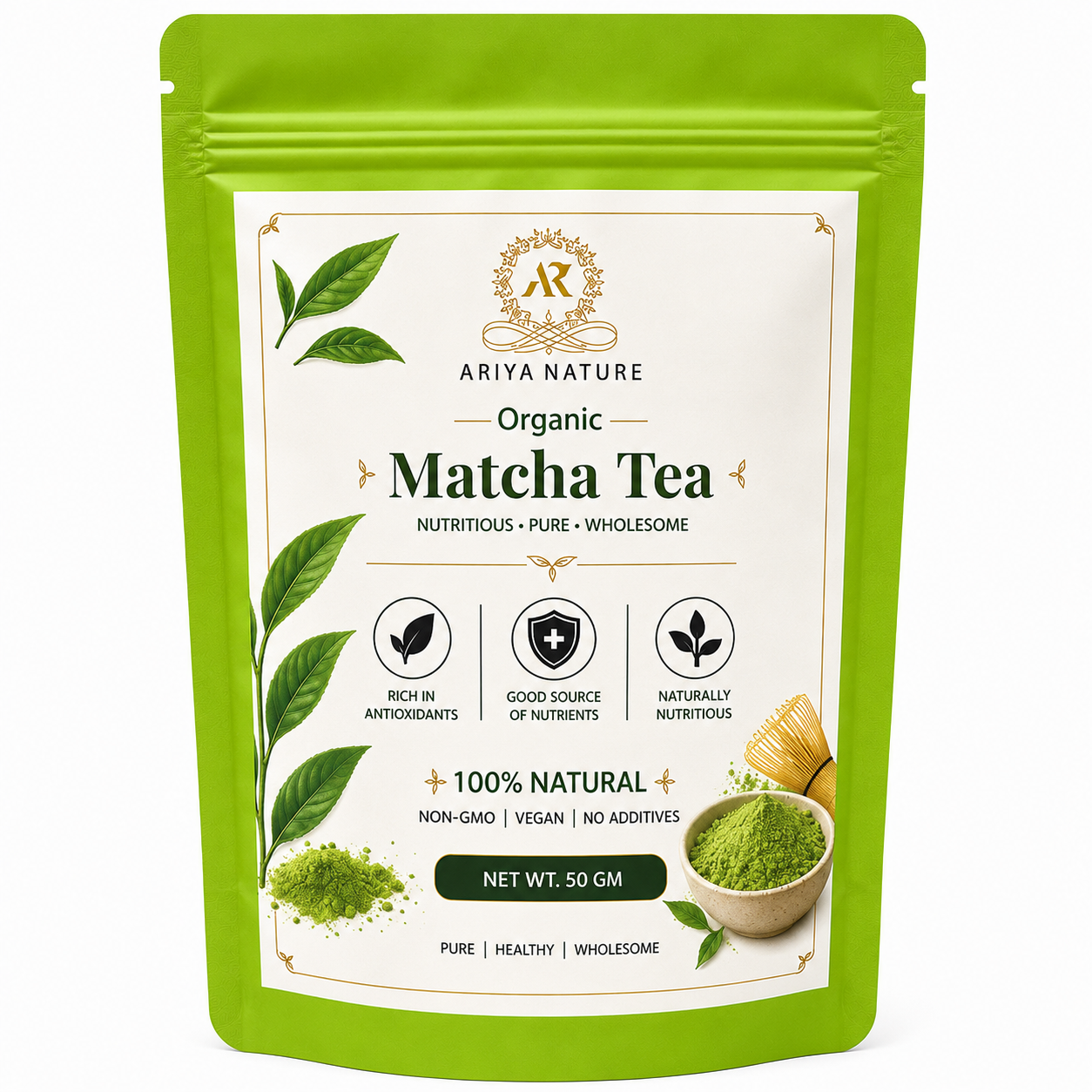 Ariya Nature Organic Matcha Tea Powder 50 Gram| Premium Green Tea, Vegan & Natural
