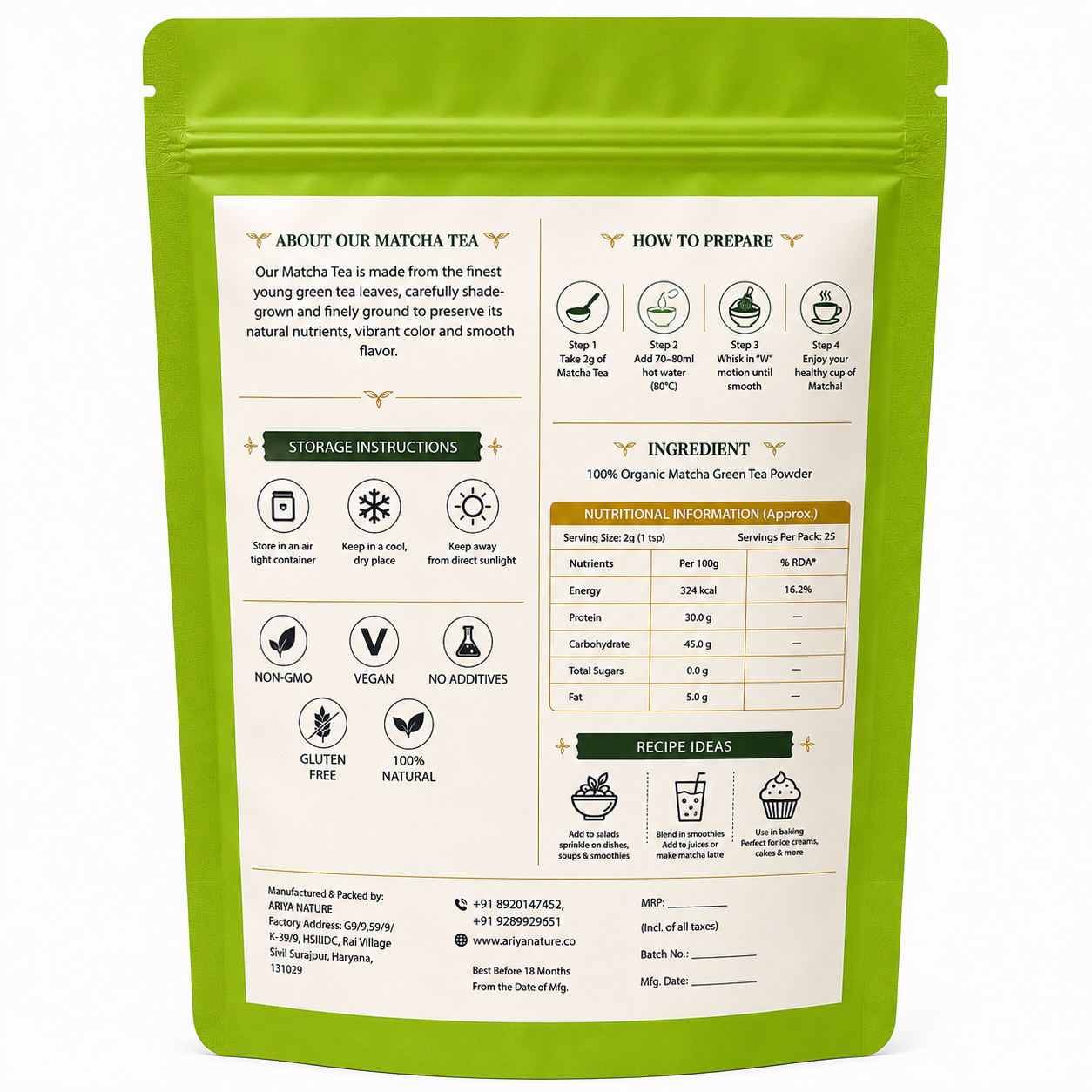Ariya Nature Organic Matcha Tea Powder 100g| Premium Green Tea, Vegan & Natural