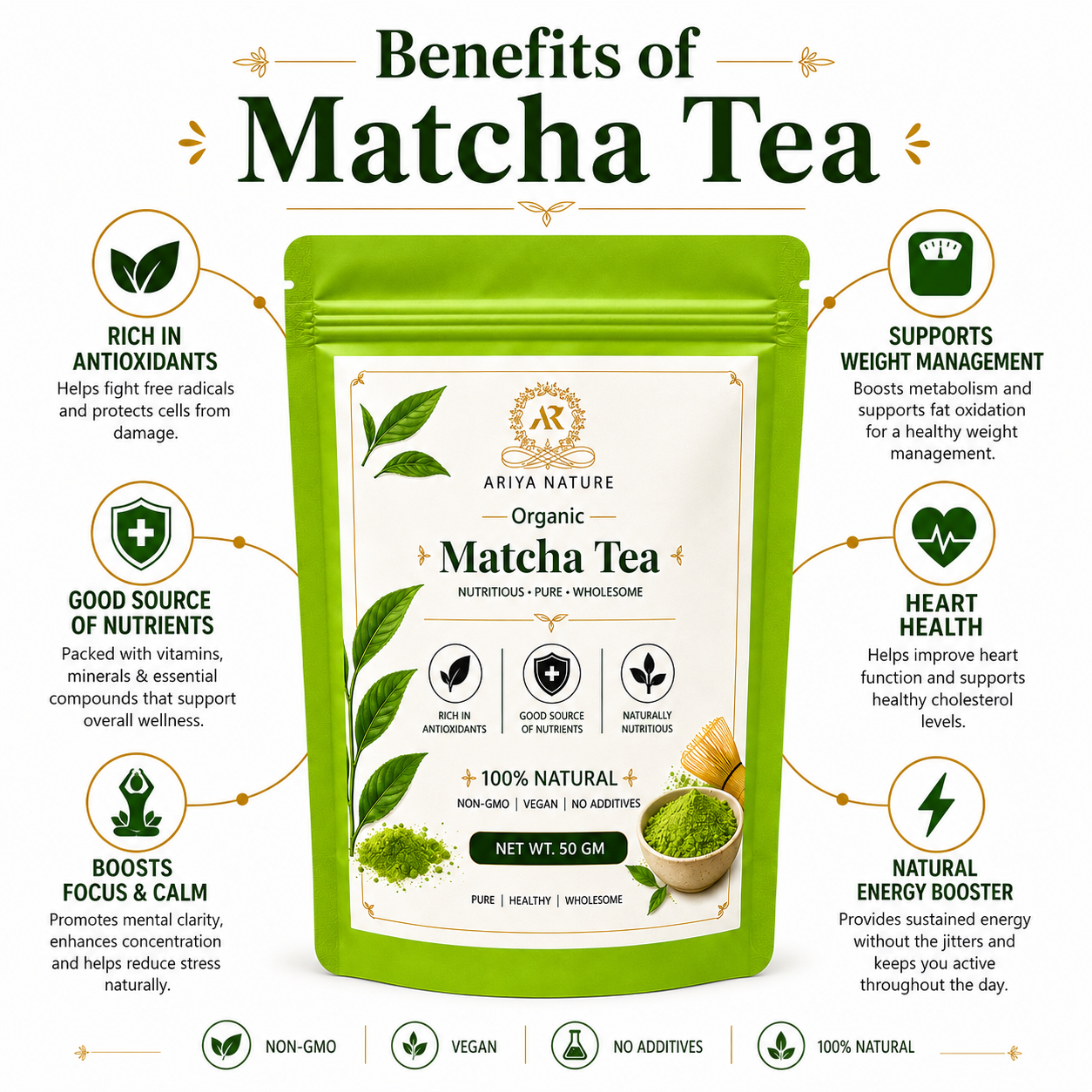 Ariya Nature Organic Matcha Tea Powder 50 Gram| Premium Green Tea, Vegan & Natural
