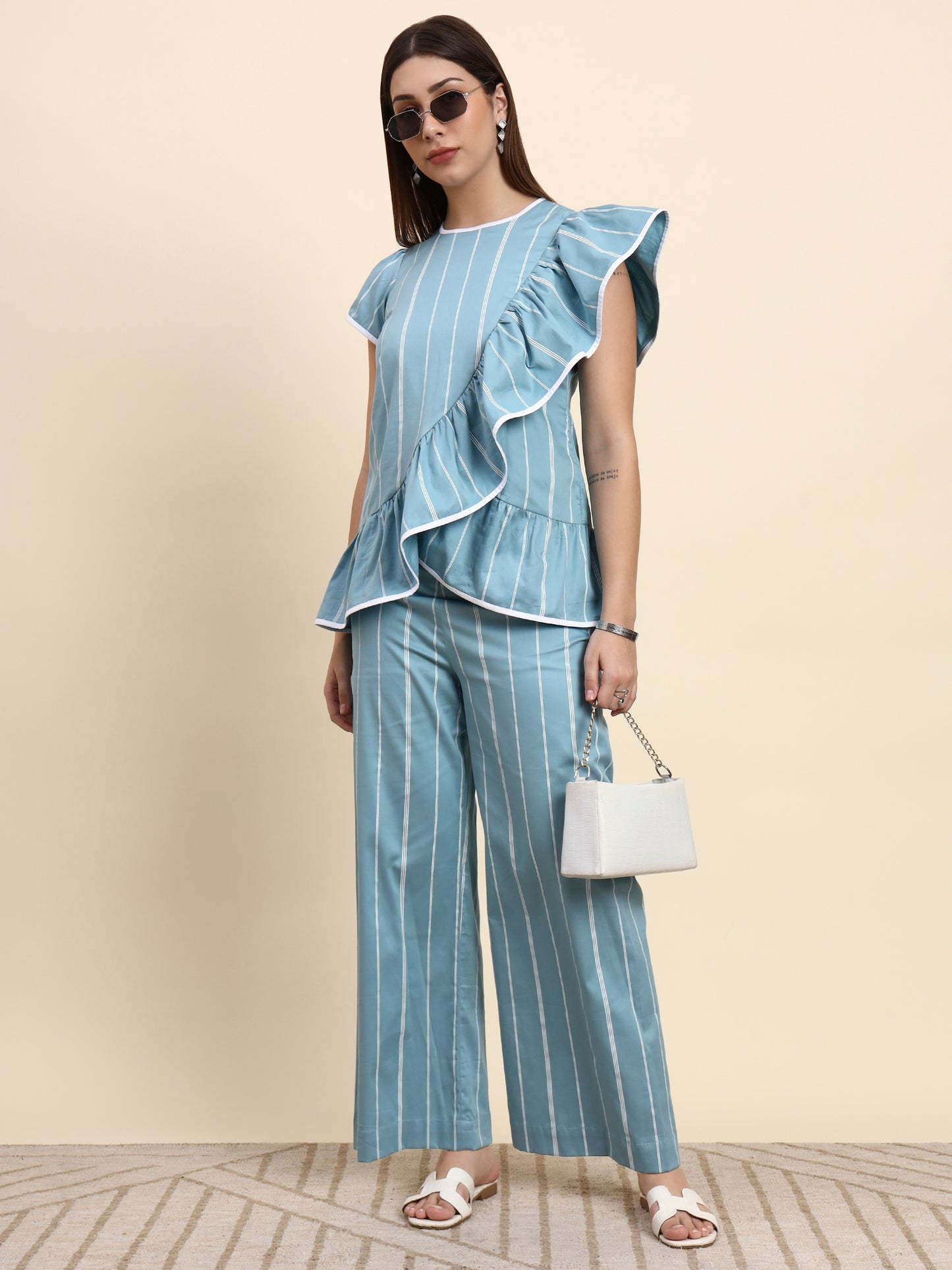 Ariya Threads Striped Ruffle Co-ord Set (Powder Blue)