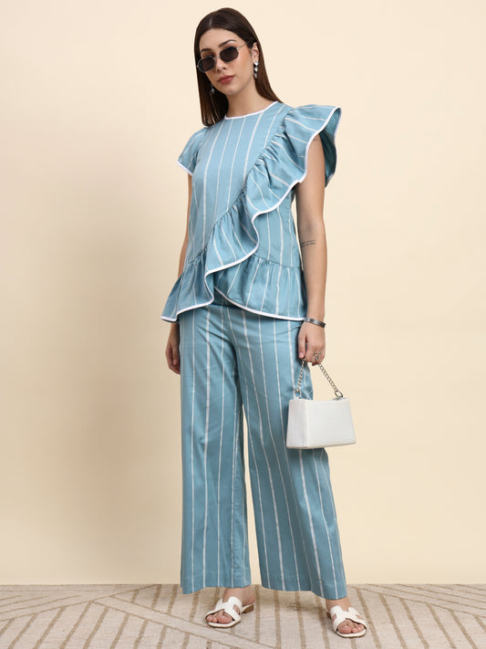 Ariya Threads Striped Ruffle Co-ord Set (Powder Blue)
