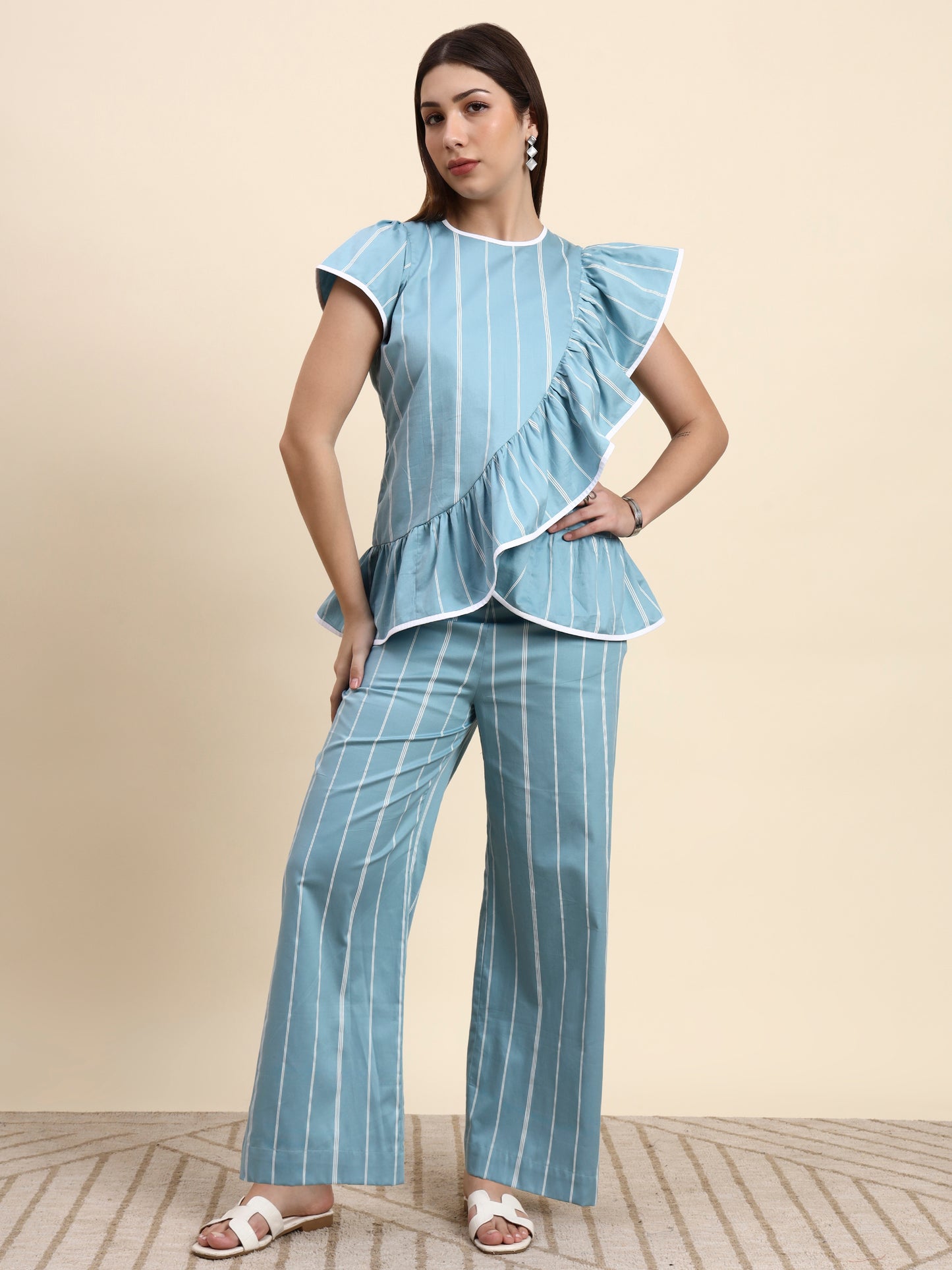 Ariya Threads Striped Ruffle Co-ord Set (Powder Blue)