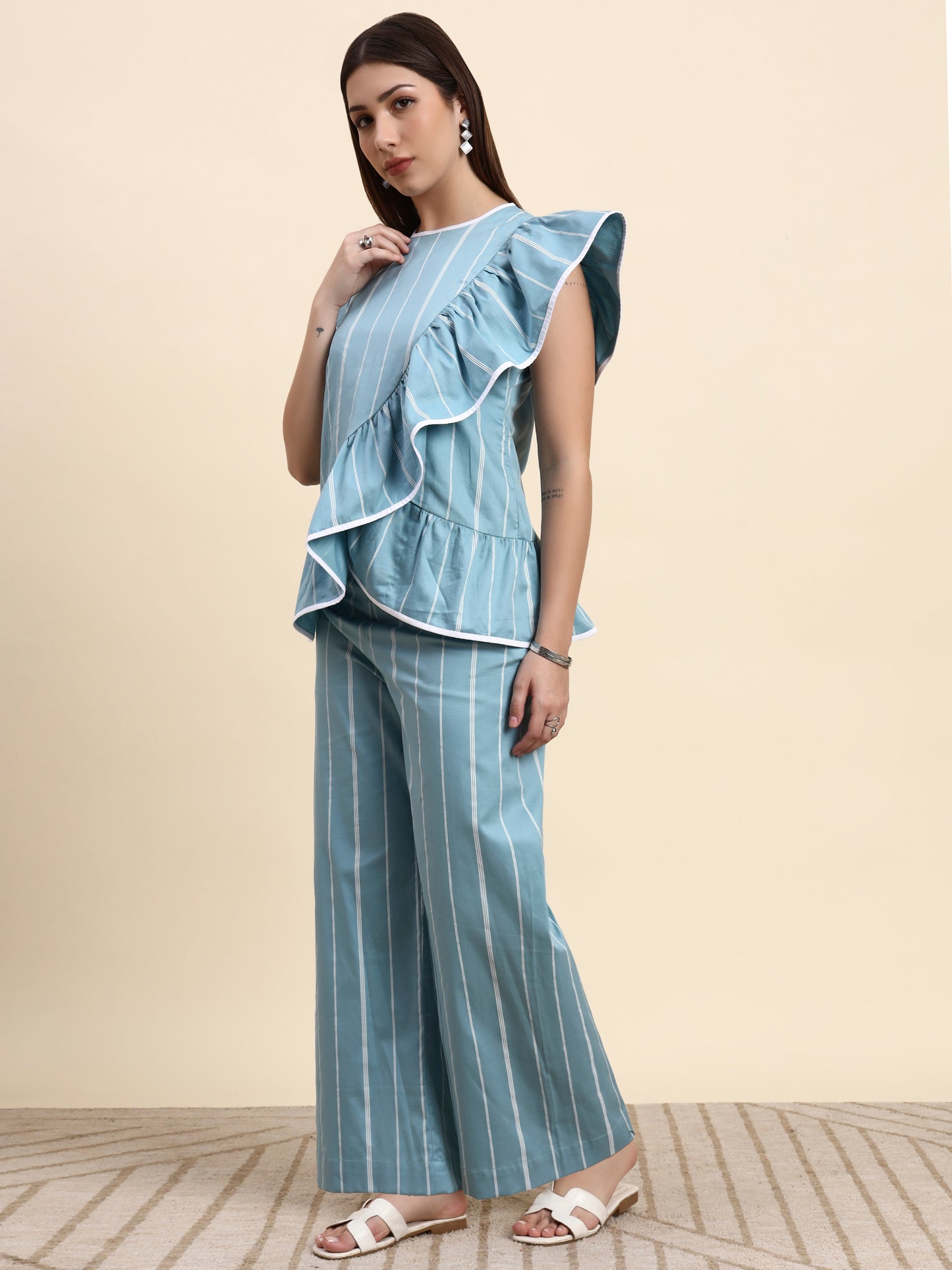 Ariya Threads Striped Ruffle Co-ord Set (Powder Blue)