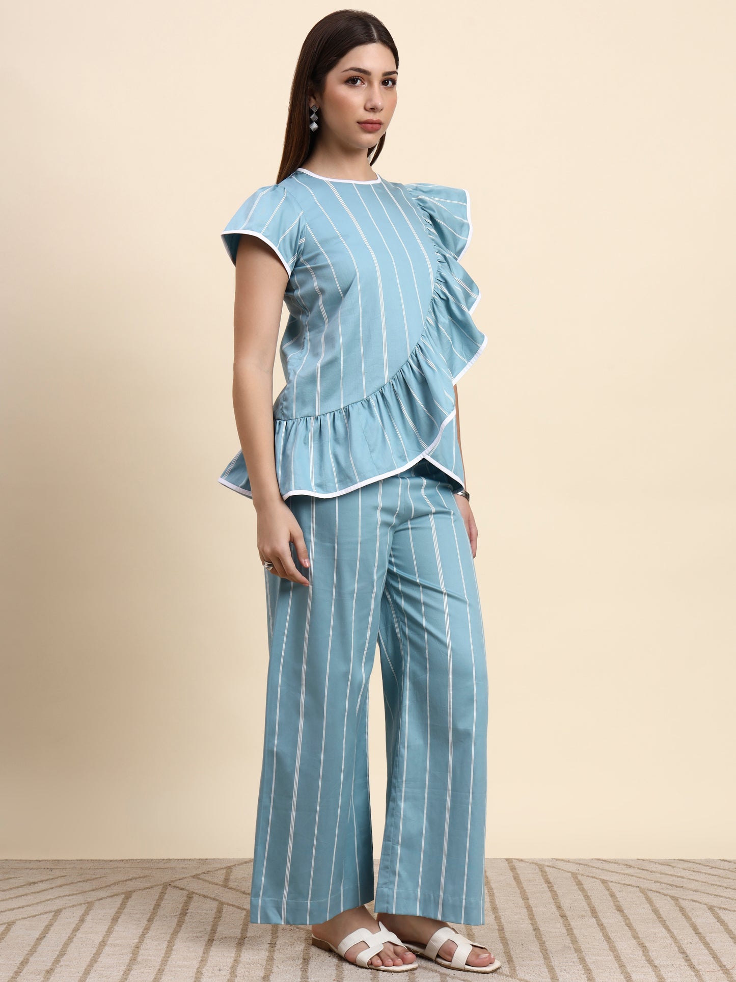 Ariya Threads Striped Ruffle Co-ord Set (Powder Blue)