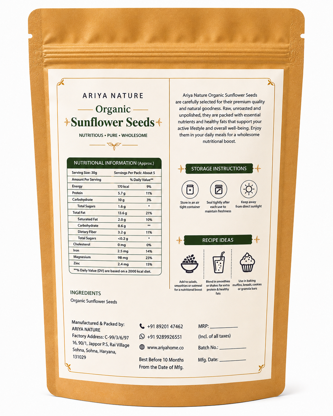 Ariya Nature Organic Sunflower Seeds 150g | Natural, Vegan & Non-GMO Snack