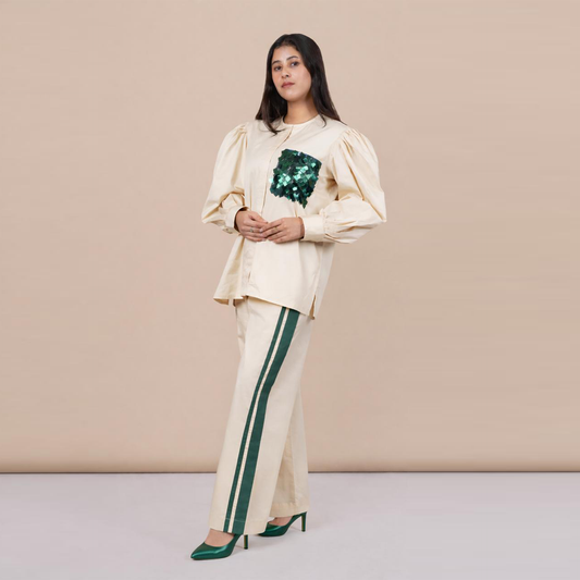 Ariya Threads Women’s Ivory Co-Ord Set with Green Sequin Patch & Side Stripe Pants