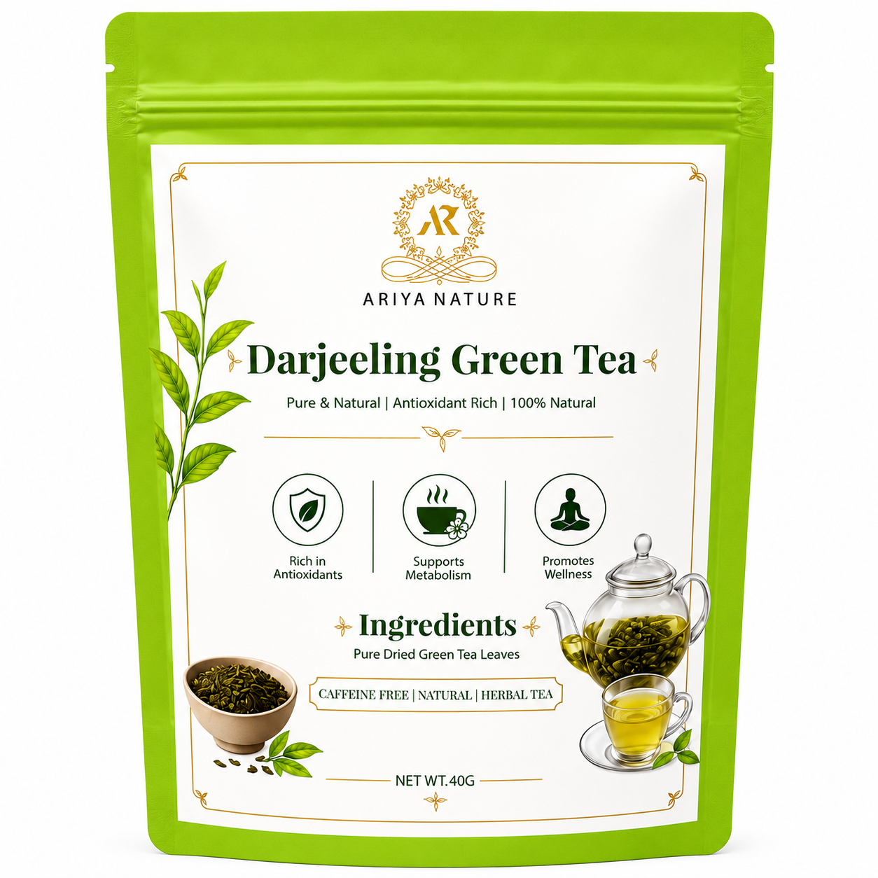 Ariya Nature Darjeeling Green Tea 40g| Premium Natural Green Tea Leaves
