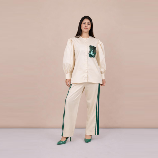 Ariya Threads Women’s Ivory Co-Ord Set with Green Sequin Patch & Side Stripe Pants
