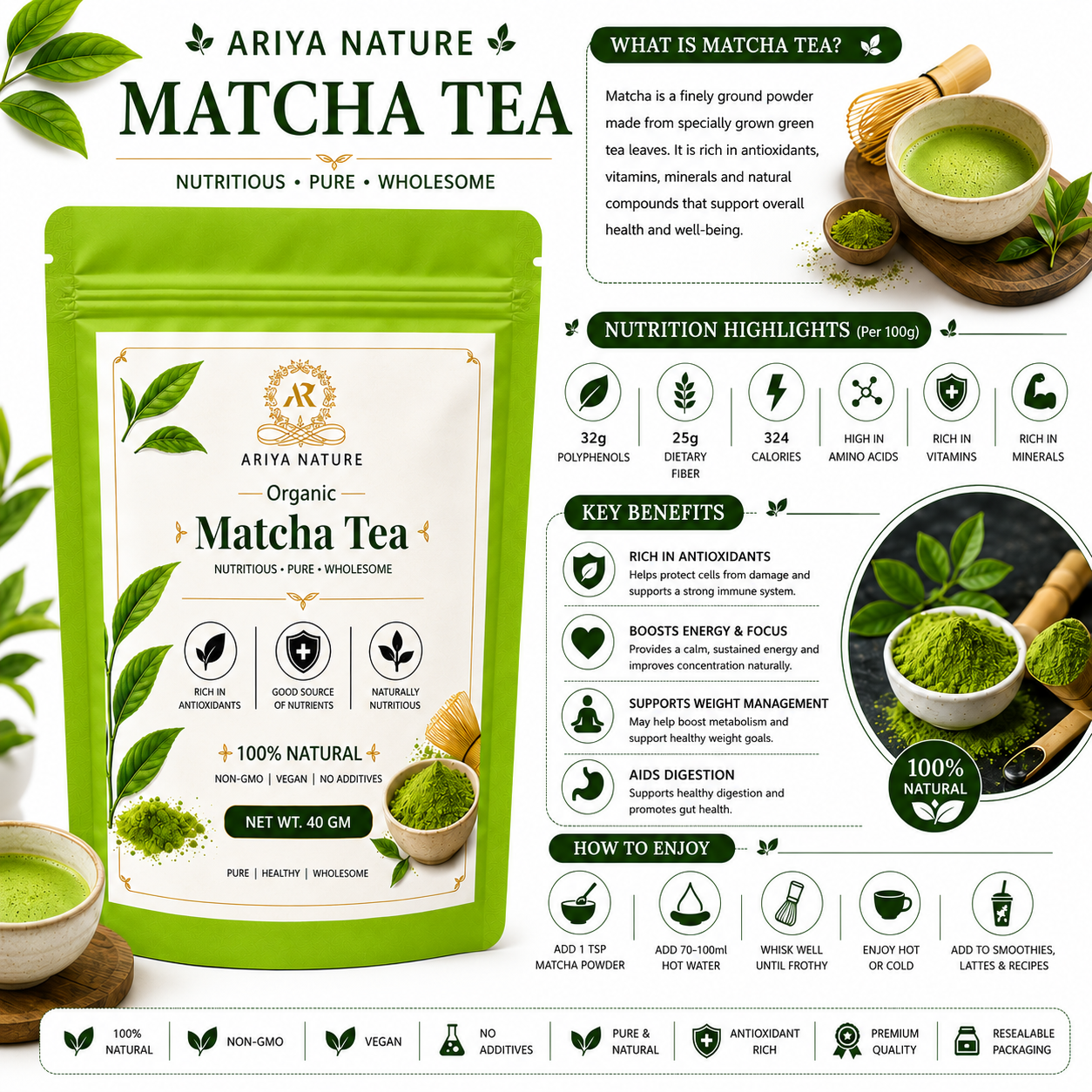 Ariya Nature Organic Matcha Tea Powder 40g| Premium Green Tea, Vegan & Natural