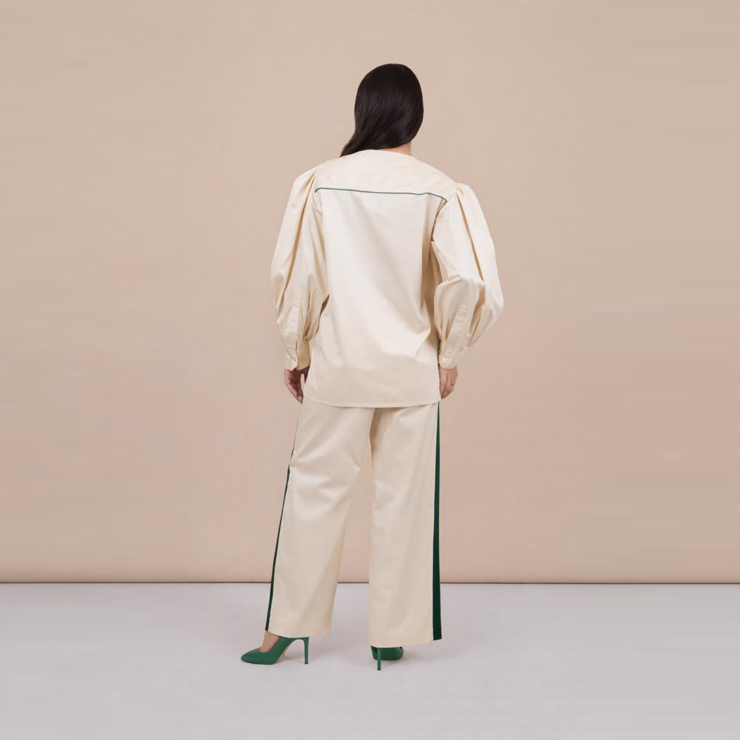 Ariya Threads Women’s Ivory Co-Ord Set with Green Sequin Patch & Side Stripe Pants
